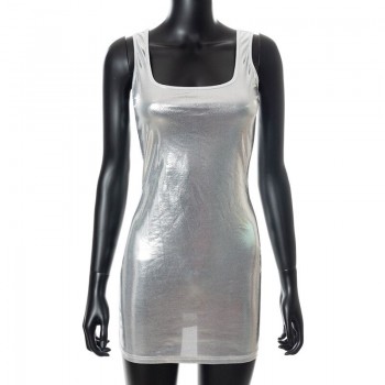 Patent Leather Metallic Bodycon Dress Sexy Outfits for Woman Night Club Party Sleeveless Mini Dresses